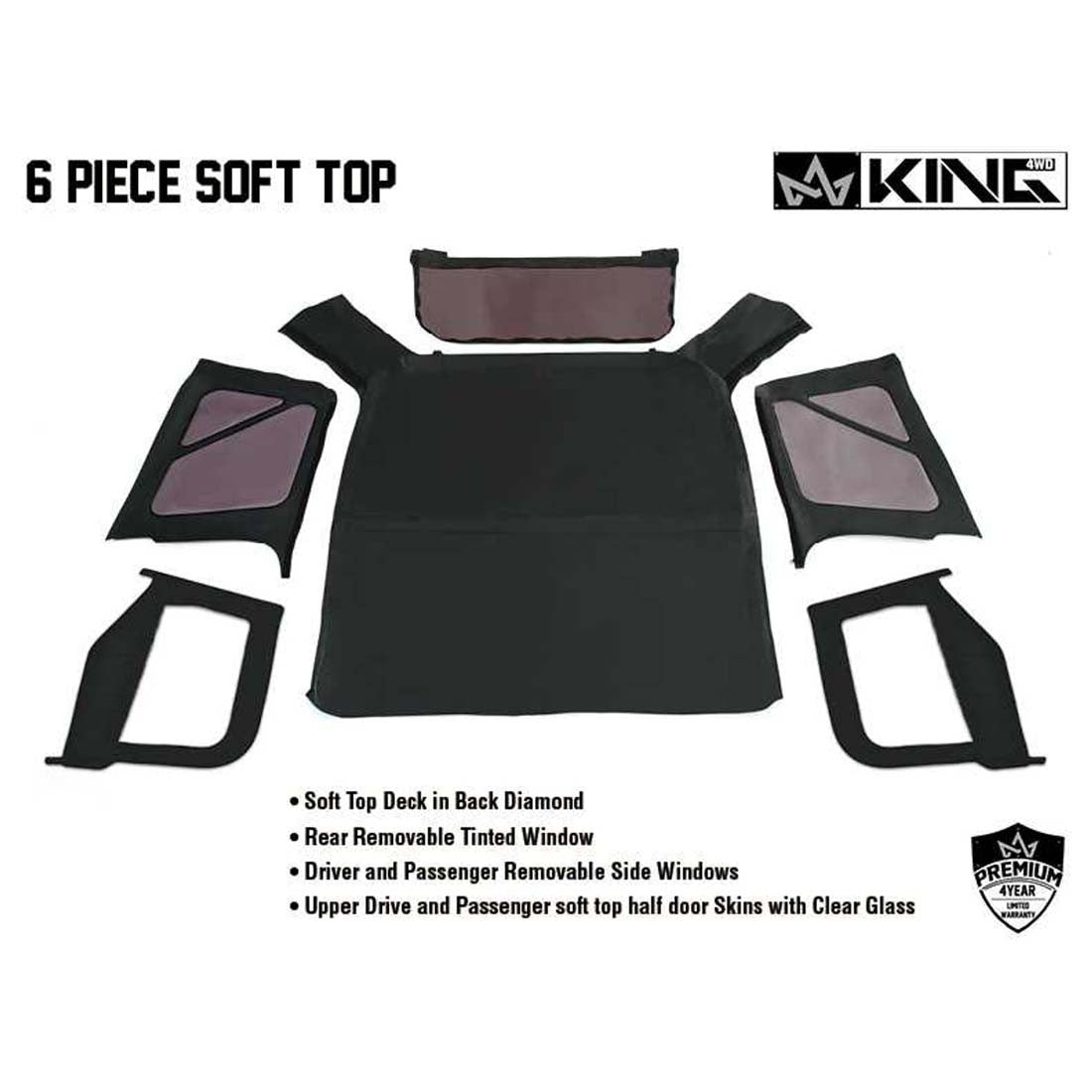King 4WD Replacement Soft Top Without Upper Doors - Black Diamond - TJ