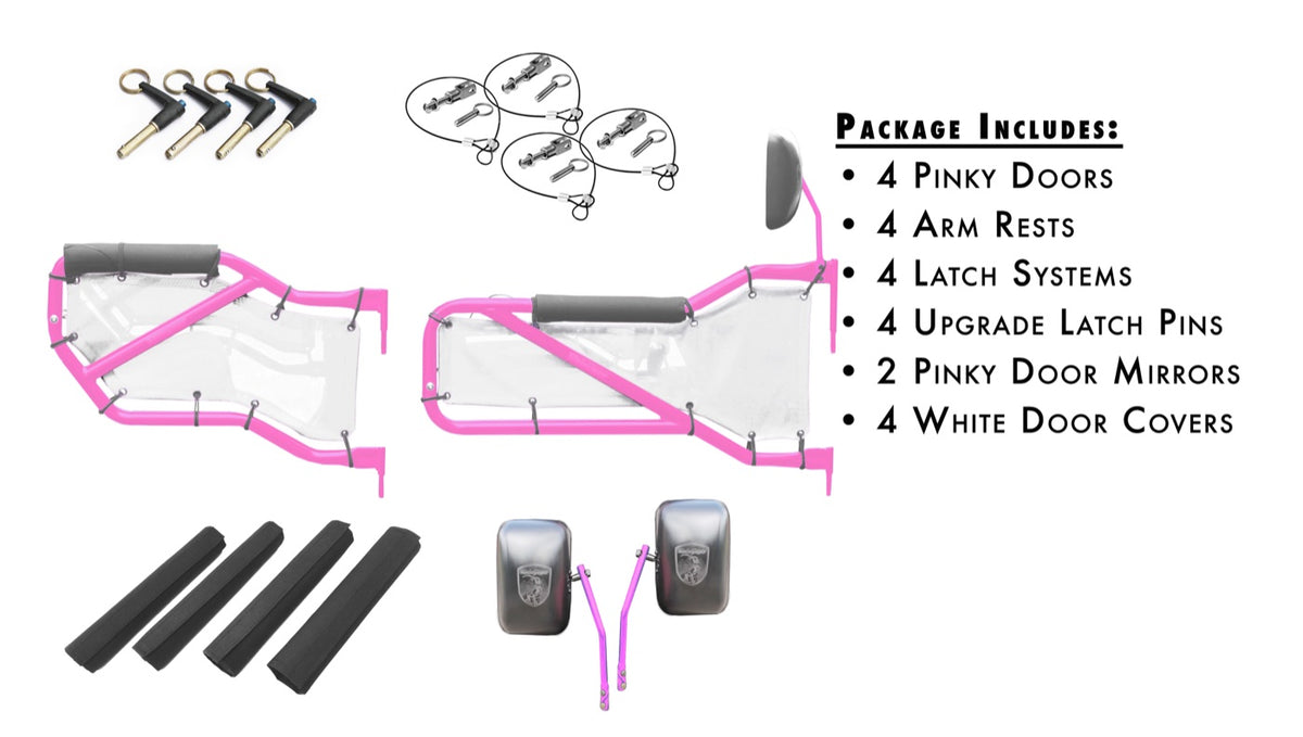 JK Front and Rear Trail Tube Door Kits - Pinky Doors - White Mesh