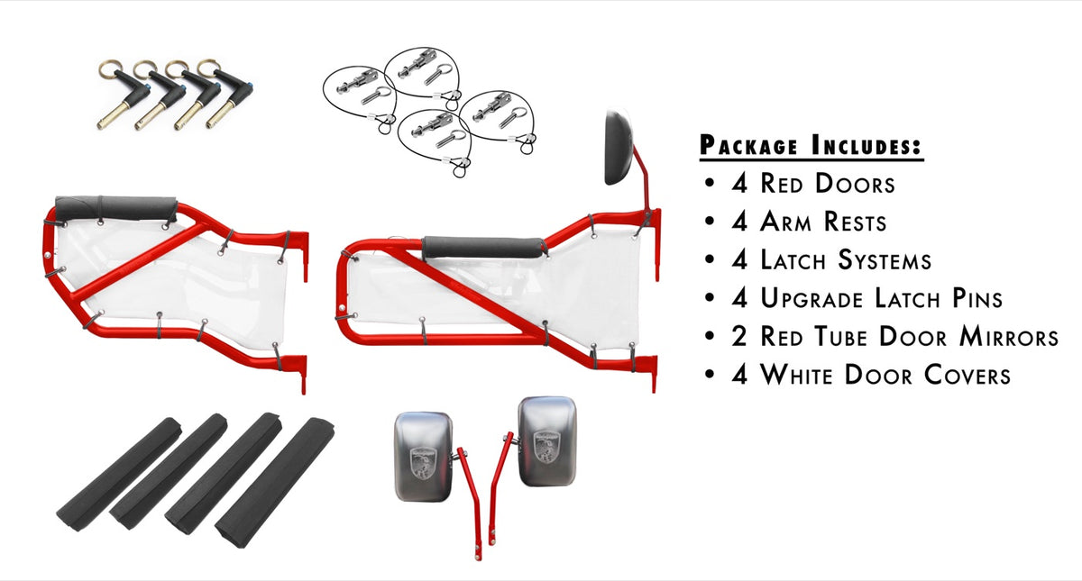 JK Front and Rear Trail Tube Door Kits - Red Baron Doors - White Mesh