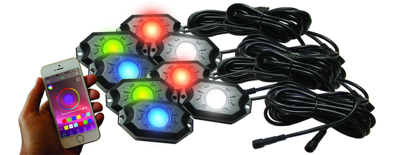LED Rock Light Kit 8-POD RGBW Hi-Power Rock Light Complete Kit with Bluetooth APP controls in Retail Box