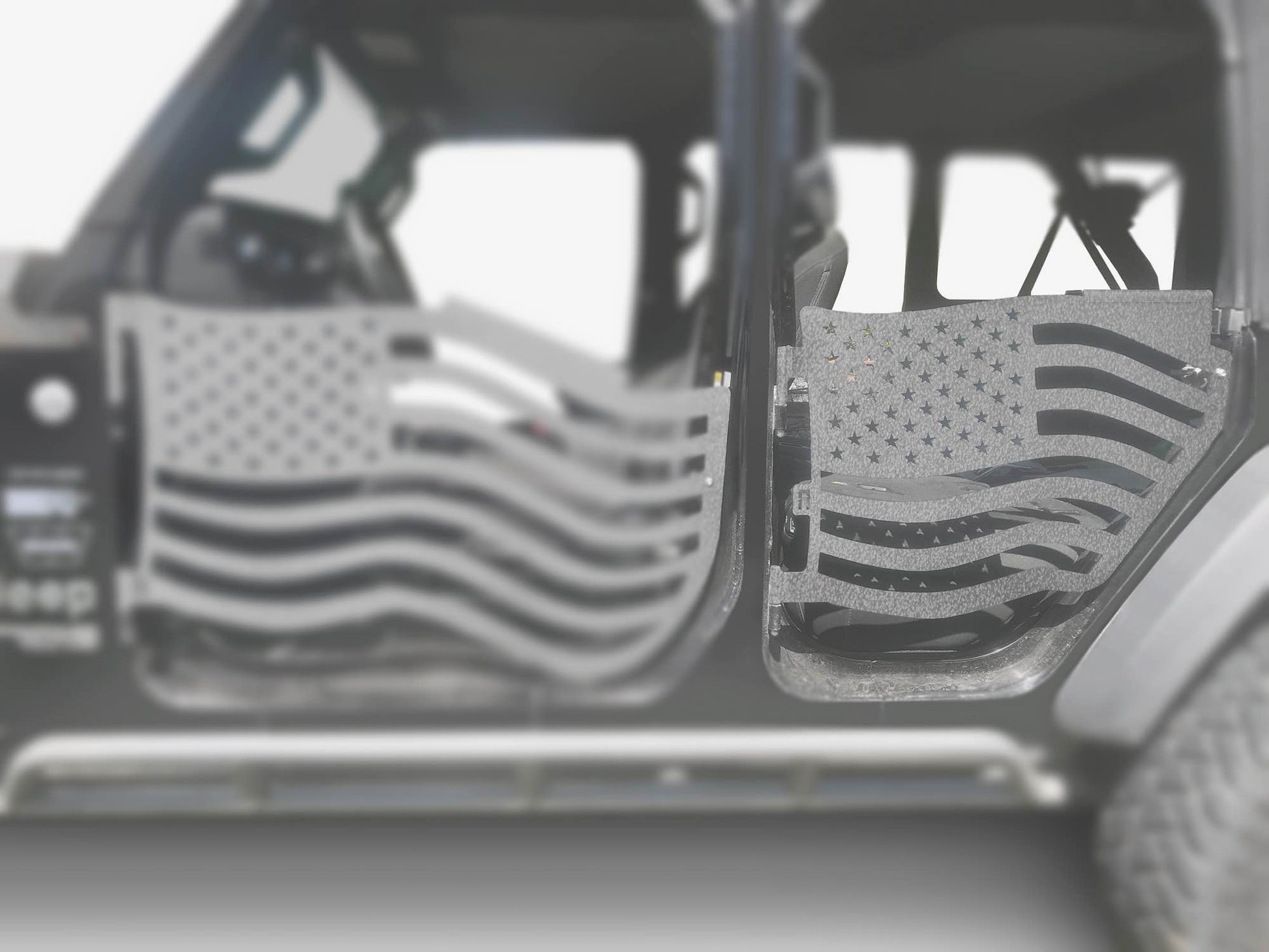 Steinjäger Doors Wrangler JL 2018 to Present Trail, American Flag Design Rear Doors Gray Hammertone