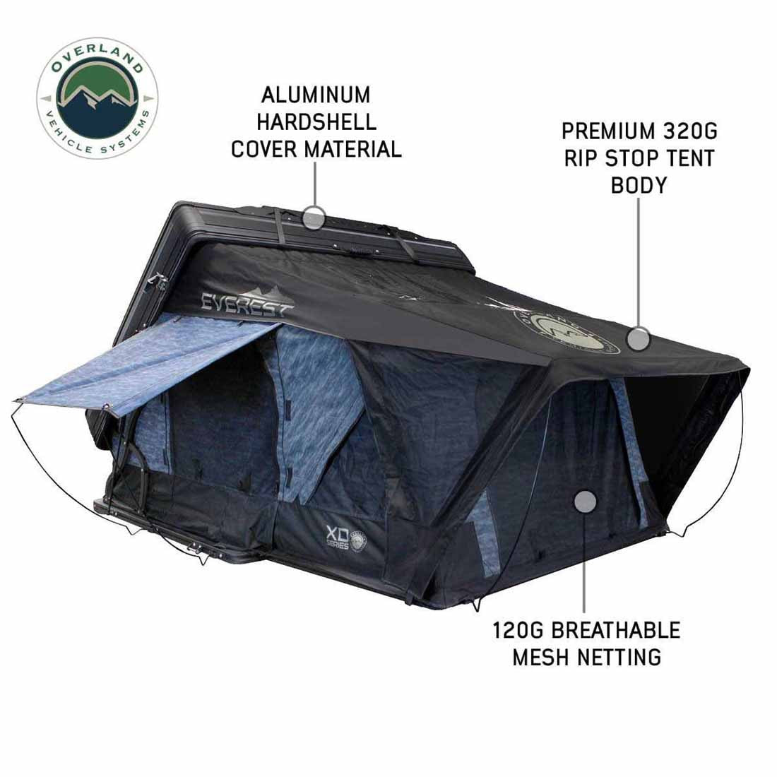Overland Vehicle Systems XD Everest 4 - Cantilever Aluminum Roof Top Tent, 4 Person, Grey Body & Black Rainfly