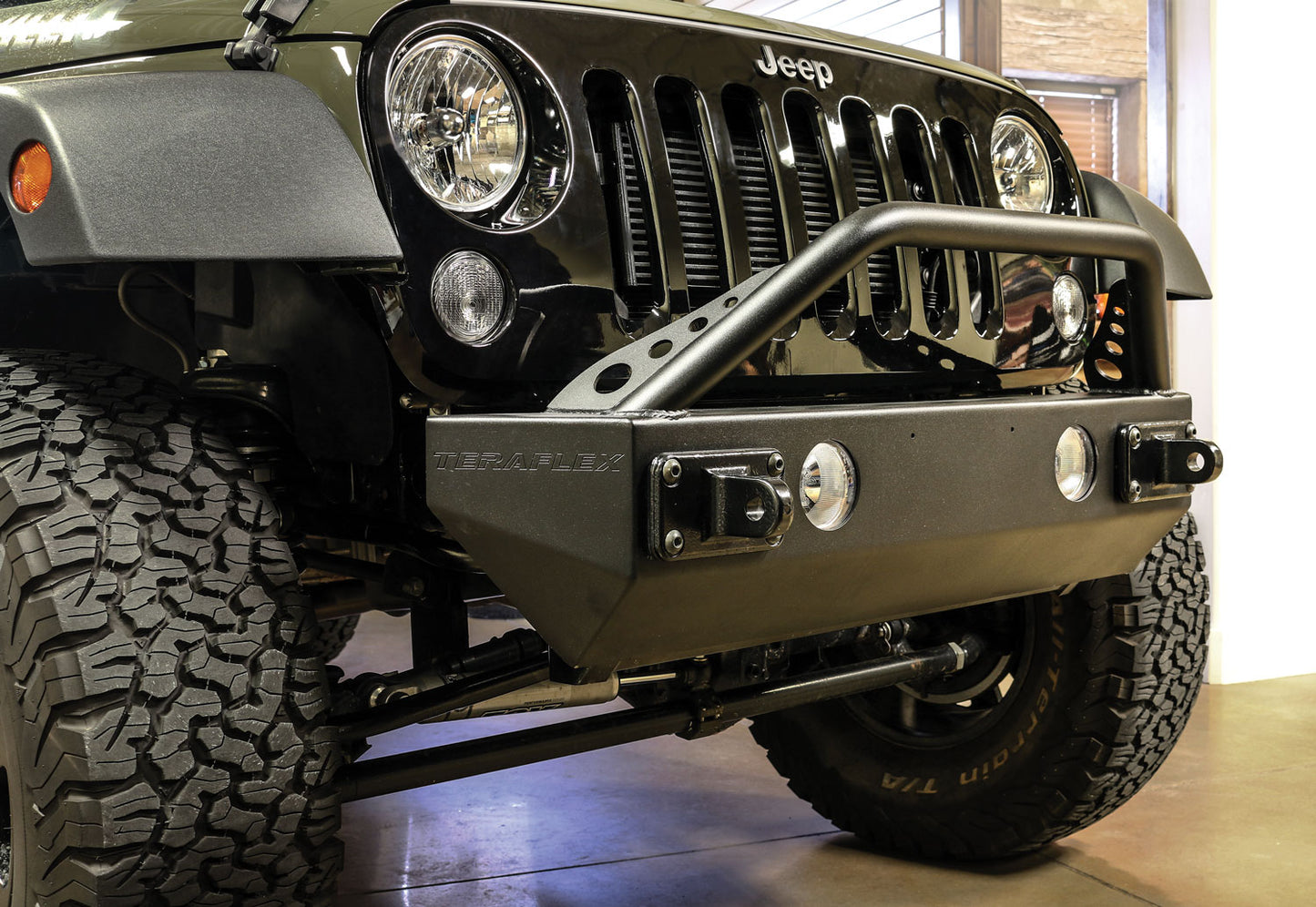 07-18 Wrangler JK RockGuard Explorer Front Bumper w/ Hoop Offset Drum Winch TeraFlex