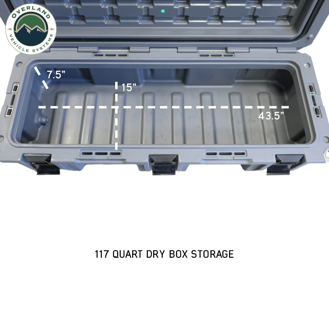 Overland Vehicle Systems D.B.S.  - Dark Grey 117 QT Dry Box with Wheels, Drain, and Bottle Opener