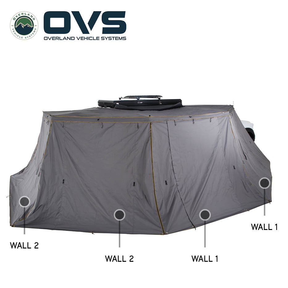 Overland Vehicle Systems HD Nomadic 270 - Awning Wall Kit 1,2 & 3, Driver Side, Grey Body, Green Trim W/Storage Bag