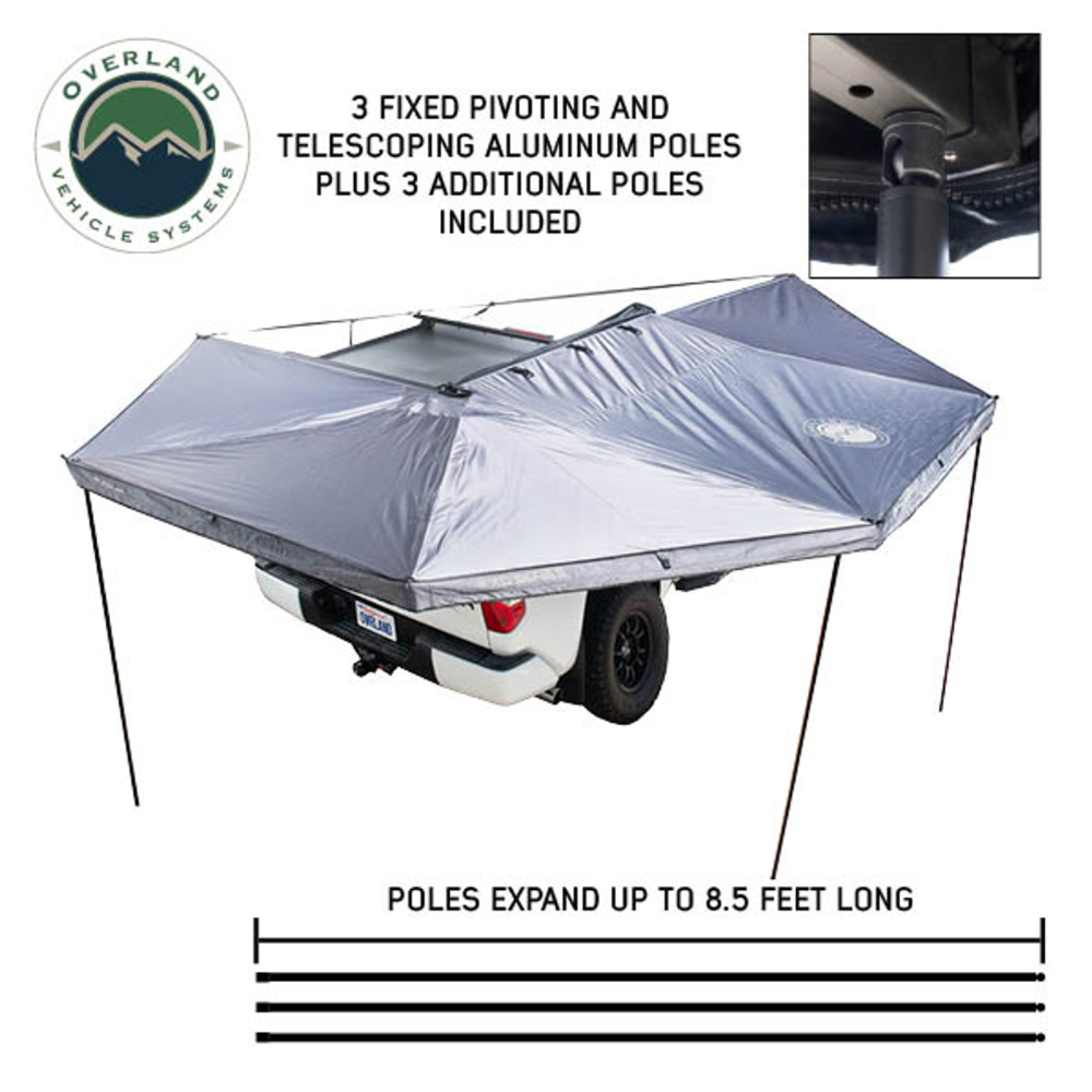 Overland Vehicle Systems XD Nomadic 270 - Awning, Lights, Black Out, Wall Kit, Driver Side, Grey Hex, Black Trim & Black Travel Cover