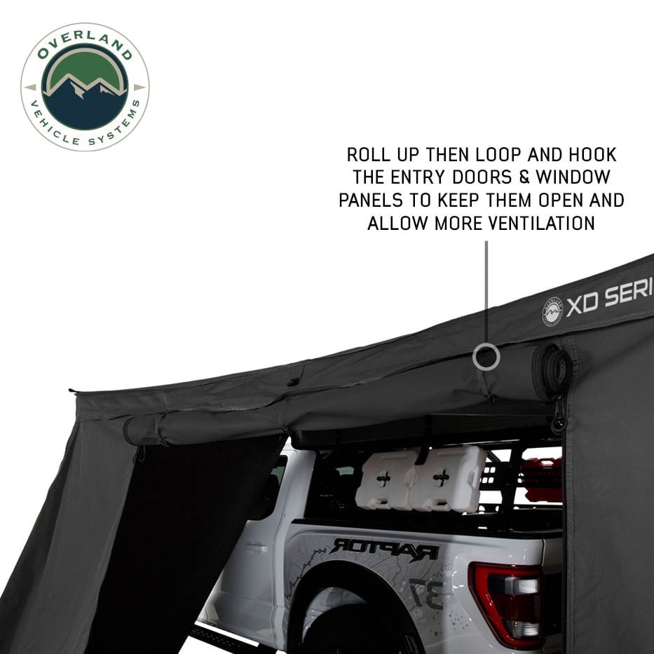 Overland Vehicle Systems XD Nomadic 270 LTE - Awning Walls 1 and 2 Passenger Side, Black Body, Black Trim W/ Storage Bag