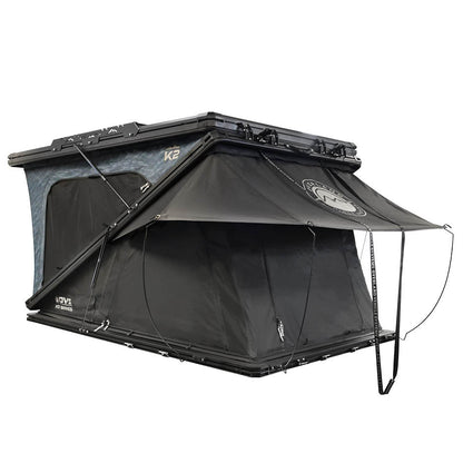 Overland Vehicle Systems XD K2 Dual Action Clam Shell 2 Person Aluminum Hard Shell Roof Top Tent, Blue Body & Black Rainfly