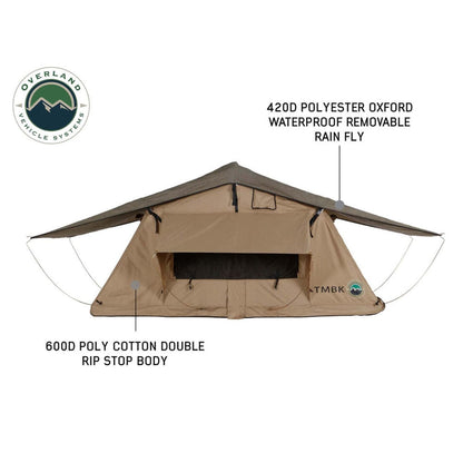 Overland Vehicle Systems LD TMBK 3 Roof Top Tent With Annex - Tan Base With Green Rain Fly, Black Aluminum Base, Black Ladder