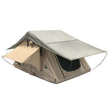 Overland Vehicle Systems LD TMBK 3 Roof Top Tent With Annex - Tan Base With Green Rain Fly, Black Aluminum Base, Black Ladder