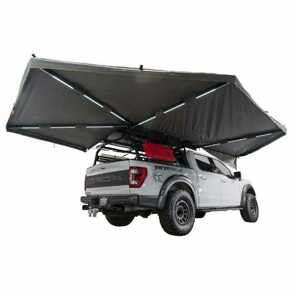 Overland Vehicle Systems XD Nomadic 270 - Awning W/Lights & Black Out , Passenger Side, Grey Hex, Black Trim & Black Travel Cover